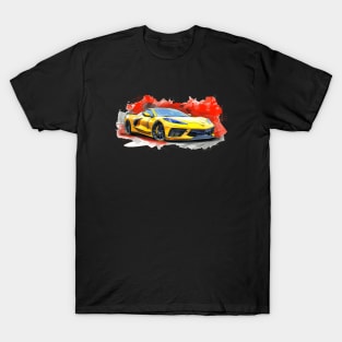 Accelerate Yellow C8 Corvette Tech Drawing Style Red Background Supercar Sportscar Racecar Muscle Car Corvette C8 T-Shirt